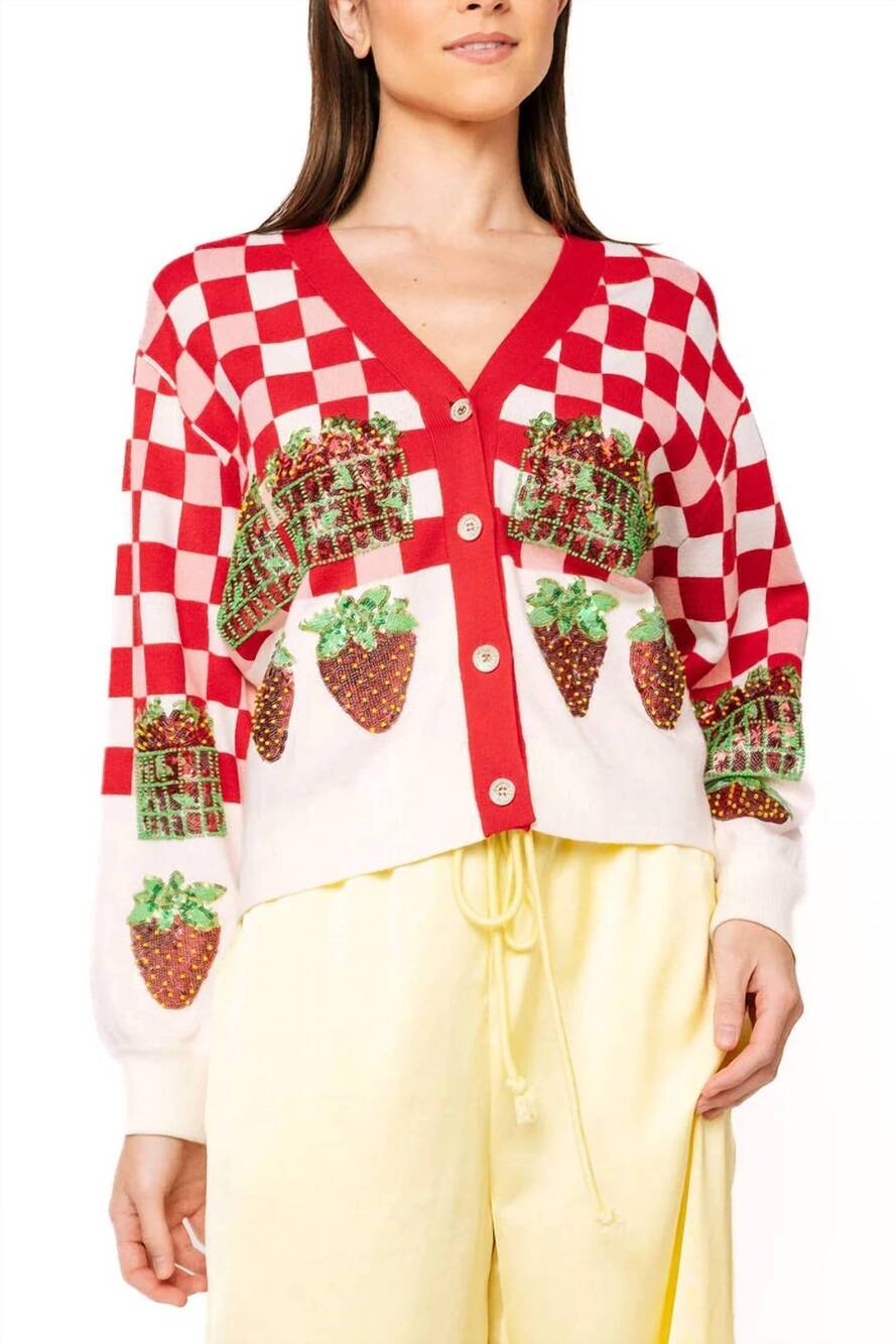 NEW QUEEN OF SPARKLES checkered strawberry cardigan in red/white
